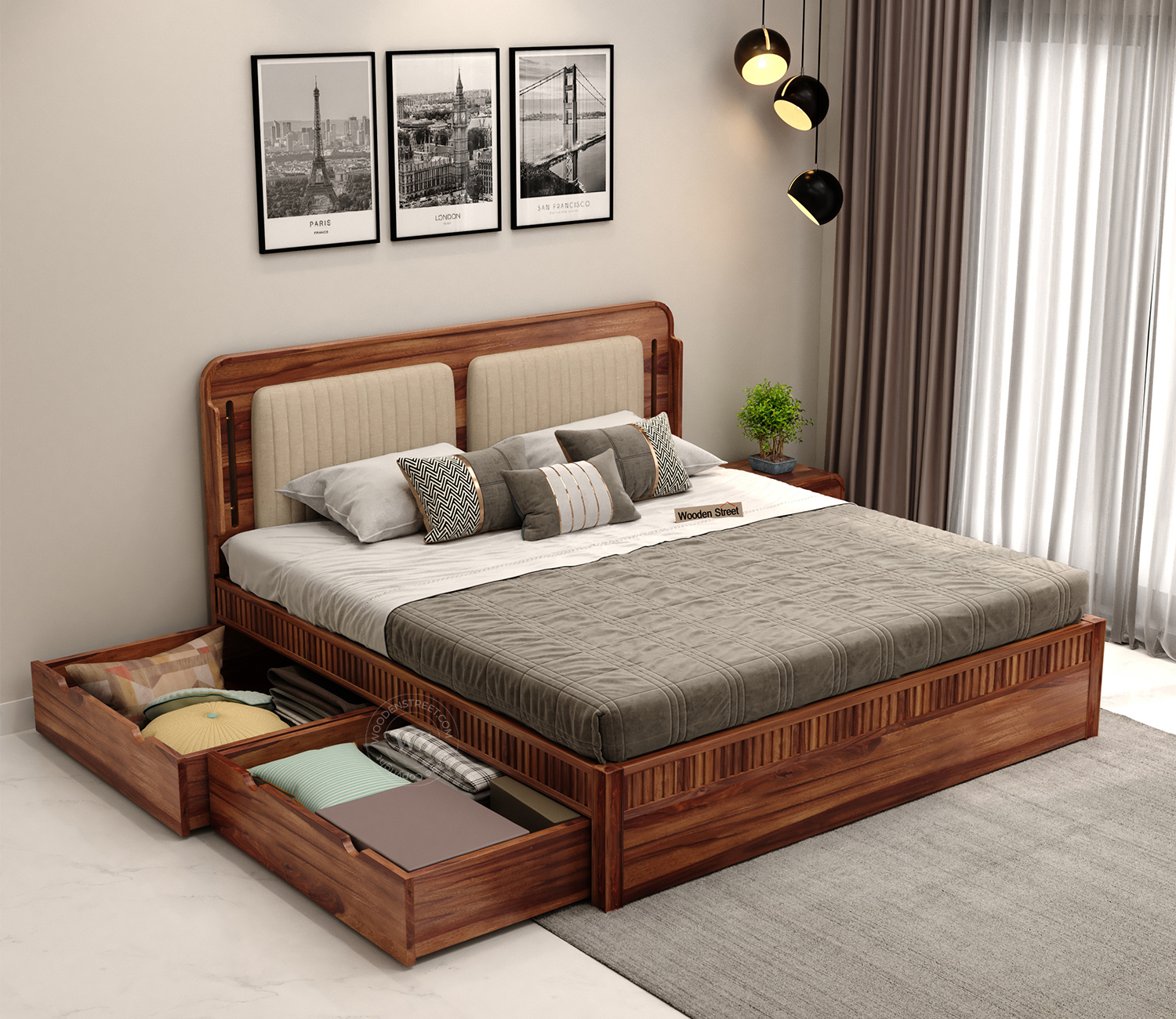 solid sheesham wood king/queen size bed with upholstered headboard & pull out storage drawers | modern bedroom furniture | premium wooden bed with soft cushion backrest | space saving storage bed solid sheesham wood king/queen size bed with upholstered headboard & pull out storage drawers | modern bedroom furniture | premium wooden bed with soft cushion backrest | space saving storage bed